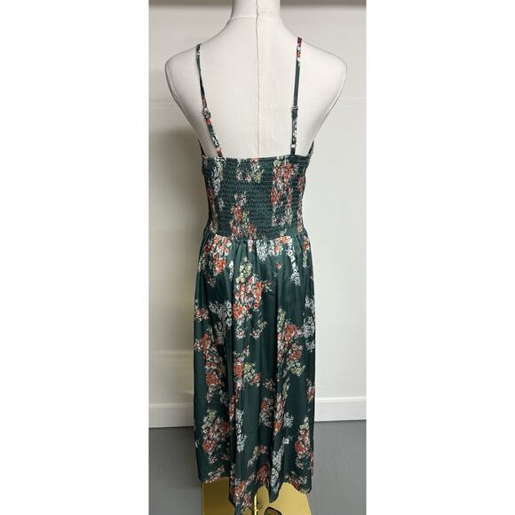 Satin Green Floral Midi Dress Size M Tie Front Cut Out Adjustable Straps Wedding - Picture 2 of 6